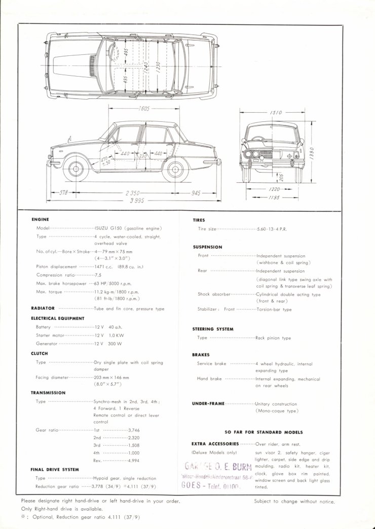1964 Isuzu Bellett 1500 specification sheet - English language - single sheet, 2-sided - 02.jpg
