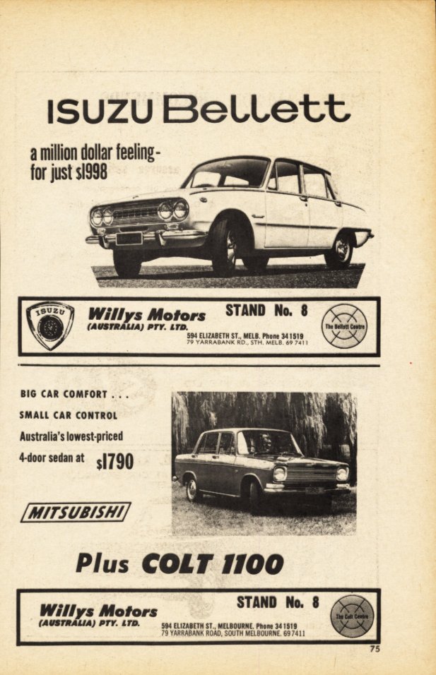 1967 Isuzu Bellett 1500 & Mitsubishi Colt 1100 advertisement from unknown Australian publication - 2-sided - 01.jpg