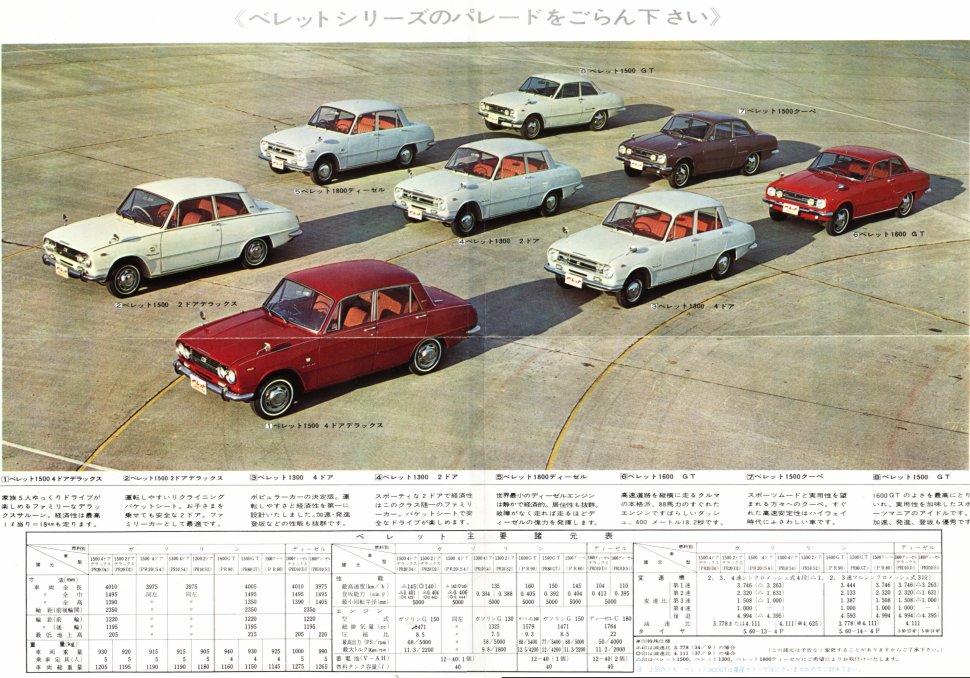 1965 Isuzu Bellett range pamphlet - Japanese - single sheet, 4-panels - 03 - full range.jpg