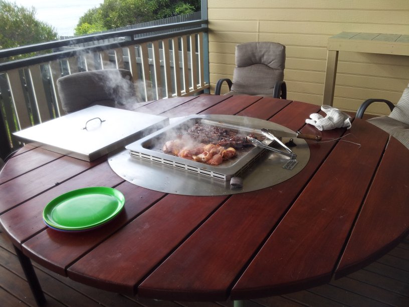 22 October - 01 - Merimbula Beach Resort - Bacon and chicken on in-table BBQ.jpg